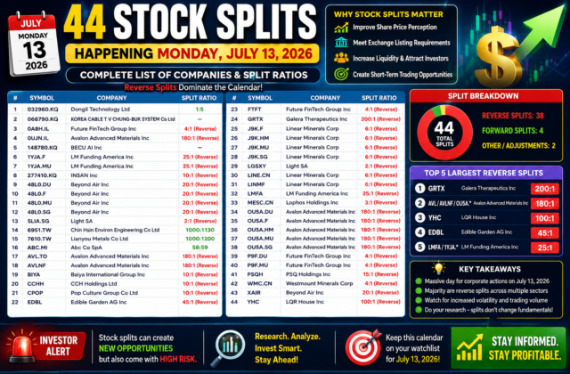 44 Stocks Are Splitting on Monday, July 13, 2026: The Complete Stock Split Calendar Every Investor Should Watch This Week