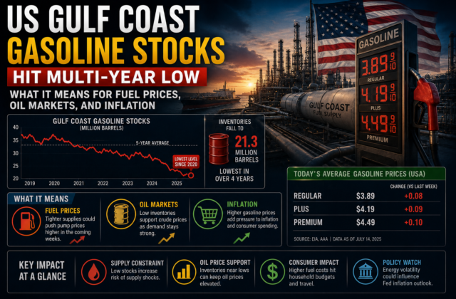 US Gulf Coast Gasoline Stocks Hit Multi-Year Low: What It Means for Fuel Prices, Oil Markets, and Inflation