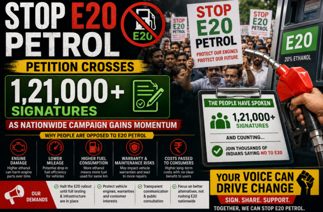 Stop E20 Petrol Petition Crosses 1.21 Lakh Signatures: Why Thousands of Indians Are Demanding Fuel Choice